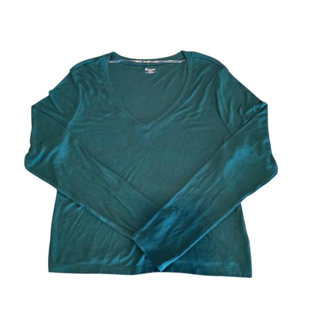 No Boundaries Green Ribbed Long Sleeve‎ V-Neck Tee Top  XXL 20 New